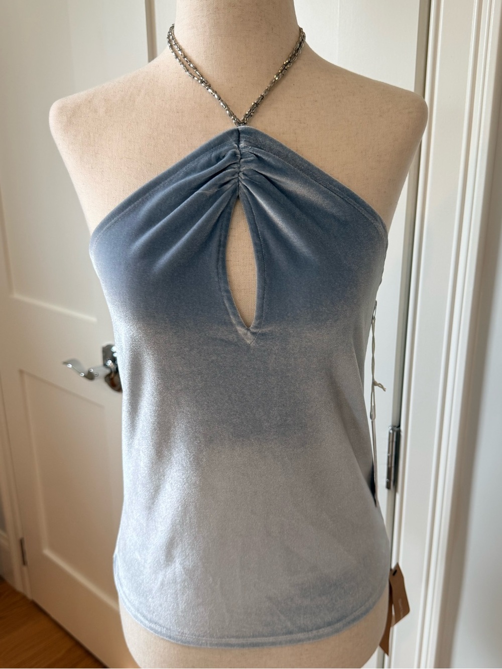Reformation Cedric Dusty Blue Velvet Halter Camisole with Front Keyhole